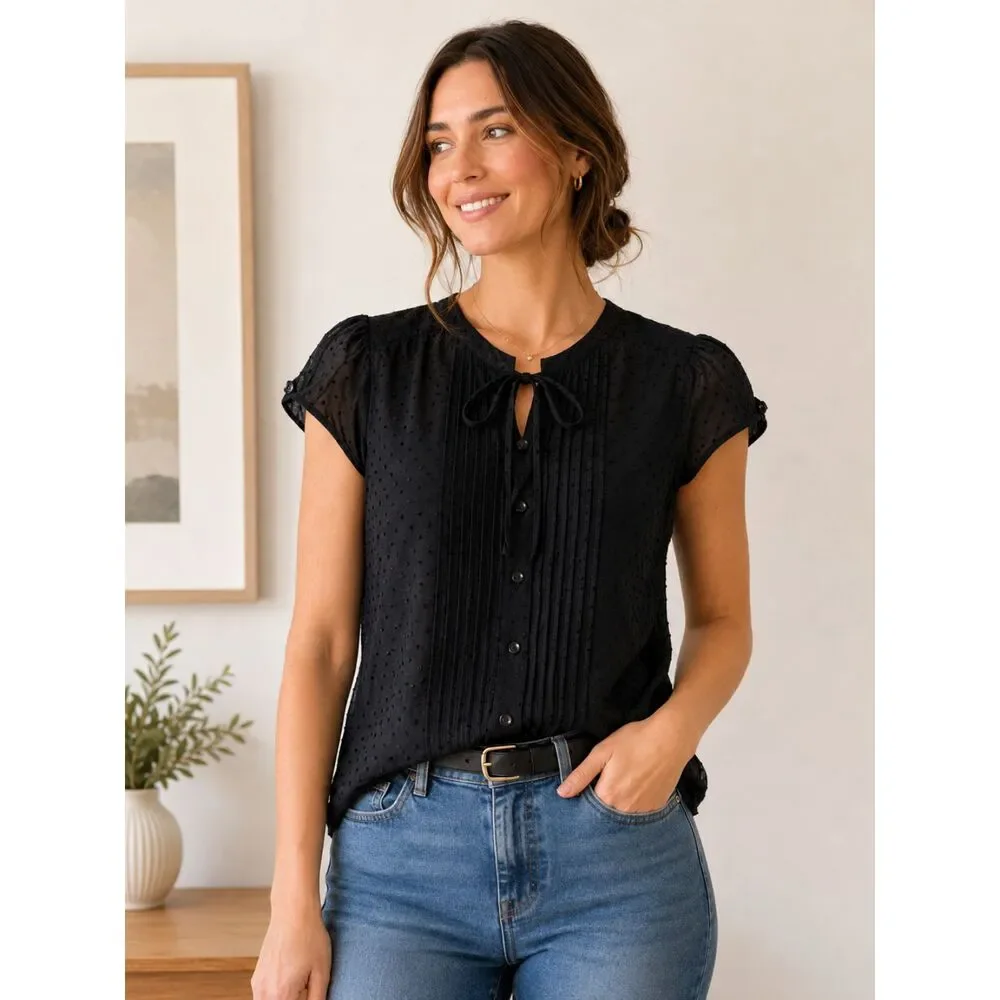 LOFT Black Swiss Dot Blouse Tie Neck Pintuck Button Front Puff Sleeve Womens Top